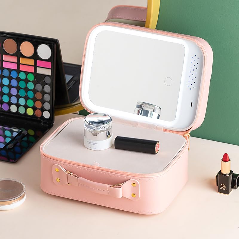 LED Travel Makeup Bag with Rechargeable Mirror - Portable Cosmetic Organizer for Brushes & Makeup, Pink Vanity Case for Women | Perfect for Travel, Gym, and On-the-Go Touchups