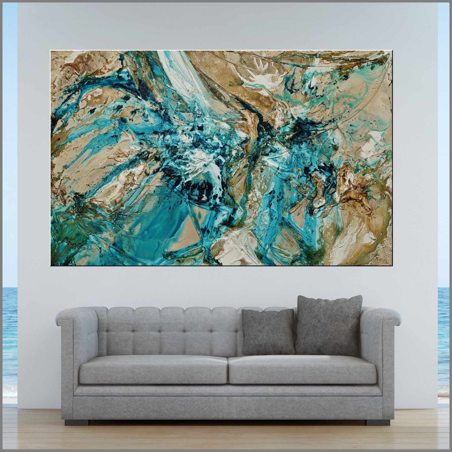 160cm x 100cm Green Brown Textured Abstract Wall Art Painting - Handmade Creamed Honey Color Canvas for Living Room, Bedroom & Office Decor