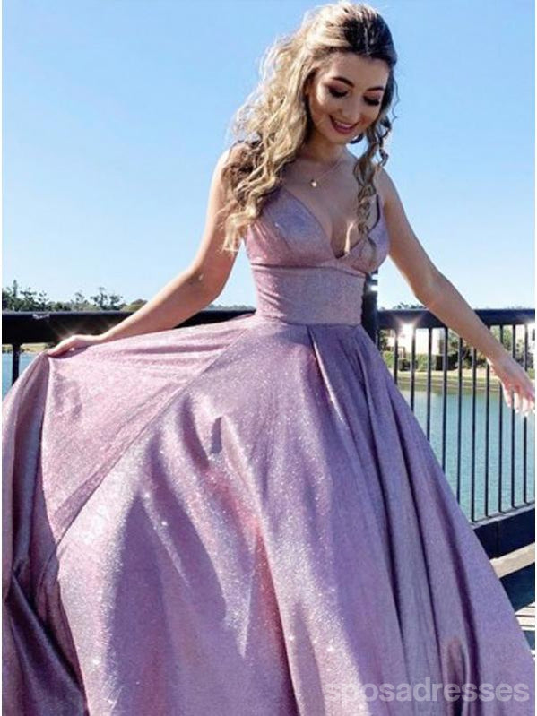 Elegant Pink A-Line Spaghetti Strap V-Neck Long Prom Dress for Party, Homecoming, Dance & Formal Events - Style 12551