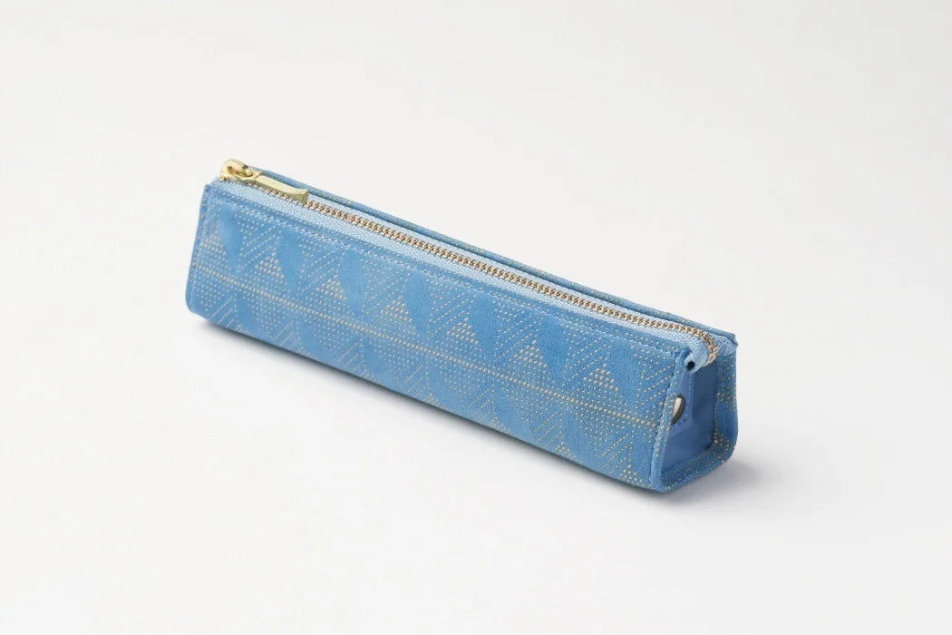 Japanese Traditional Koshu Inden Deerskin Leather Pencil Case - Upside Down Mt. Fuji Light Blue Design | Handmade in Japan | Perfect for School, Office & Gift Giving