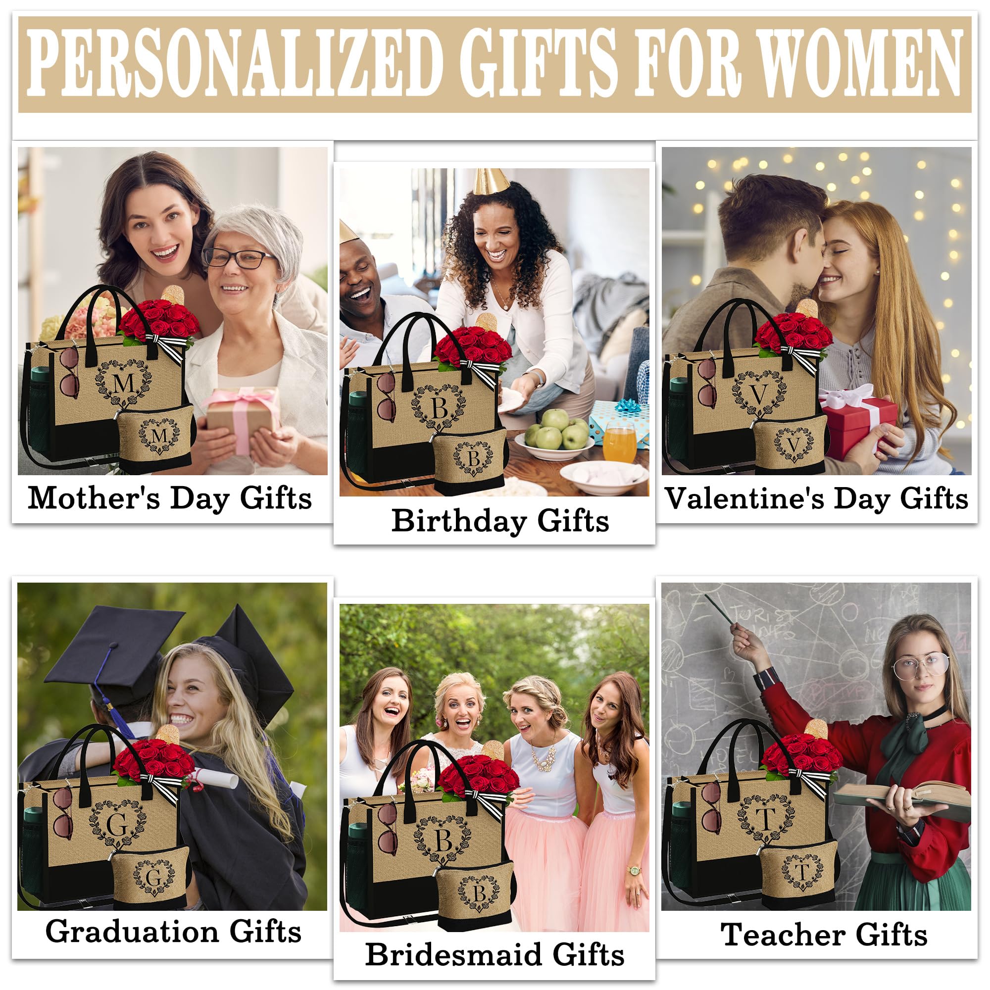 Personalized Beach Tote Bag & Makeup Bag Set - Custom Initial Gifts for Women, Mom, Teacher, Friend - Perfect for Birthday, Travel & Daily Use