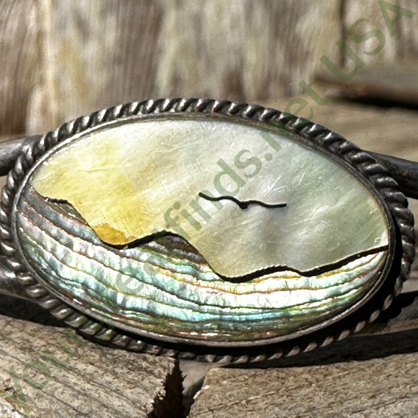 Vintage Mexican Sterling Silver Bracelet with Ocean Scene Abalone Inlay - Perfect for Beach Parties, Boho Fashion, and Gift Giving