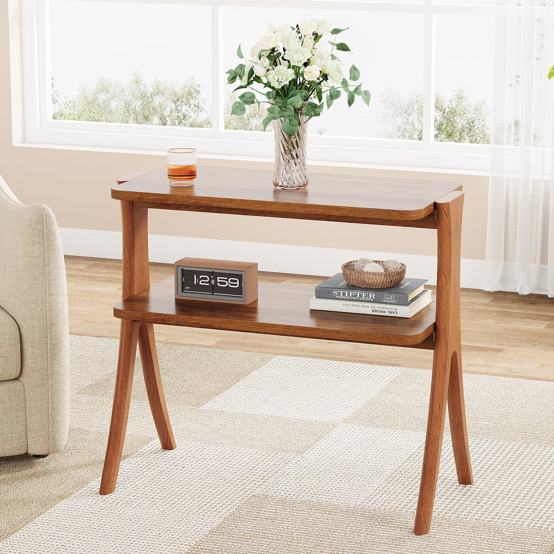 Rustic Wood End Table with 2-Tier Storage Shelf - Farmhouse Style Nightstand for Bedroom, Living Room & Office - Perfect for Small Spaces & Home Decor