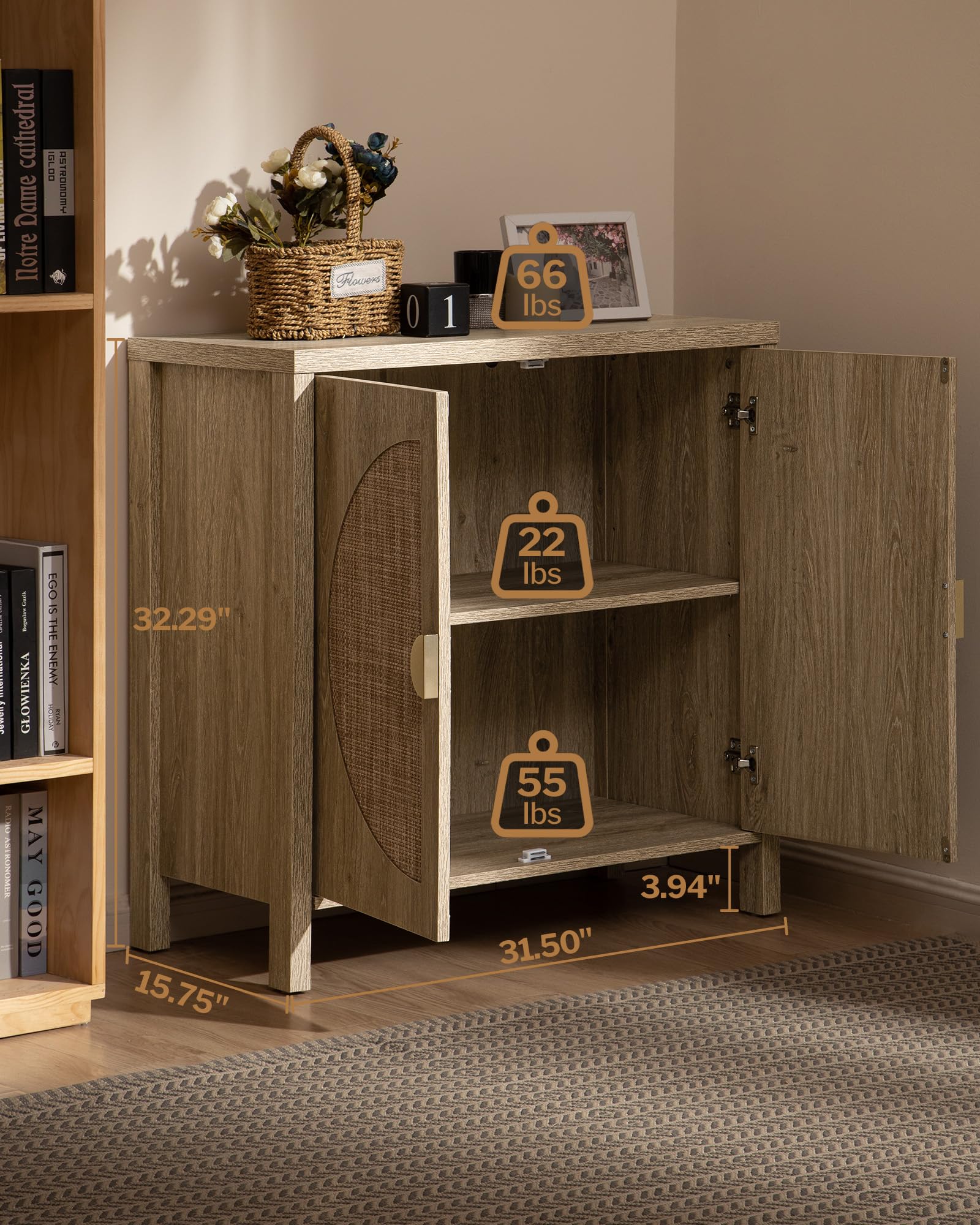 SICOTAS Rattan Buffet Cabinet - Boho Style Accent Sideboard with Adjustable Shelves, Storage Credenza Console Table for Dining Room, Living Room, Entryway & Kitchen - Natural Woven Rattan Furniture for Home Decor & Organization