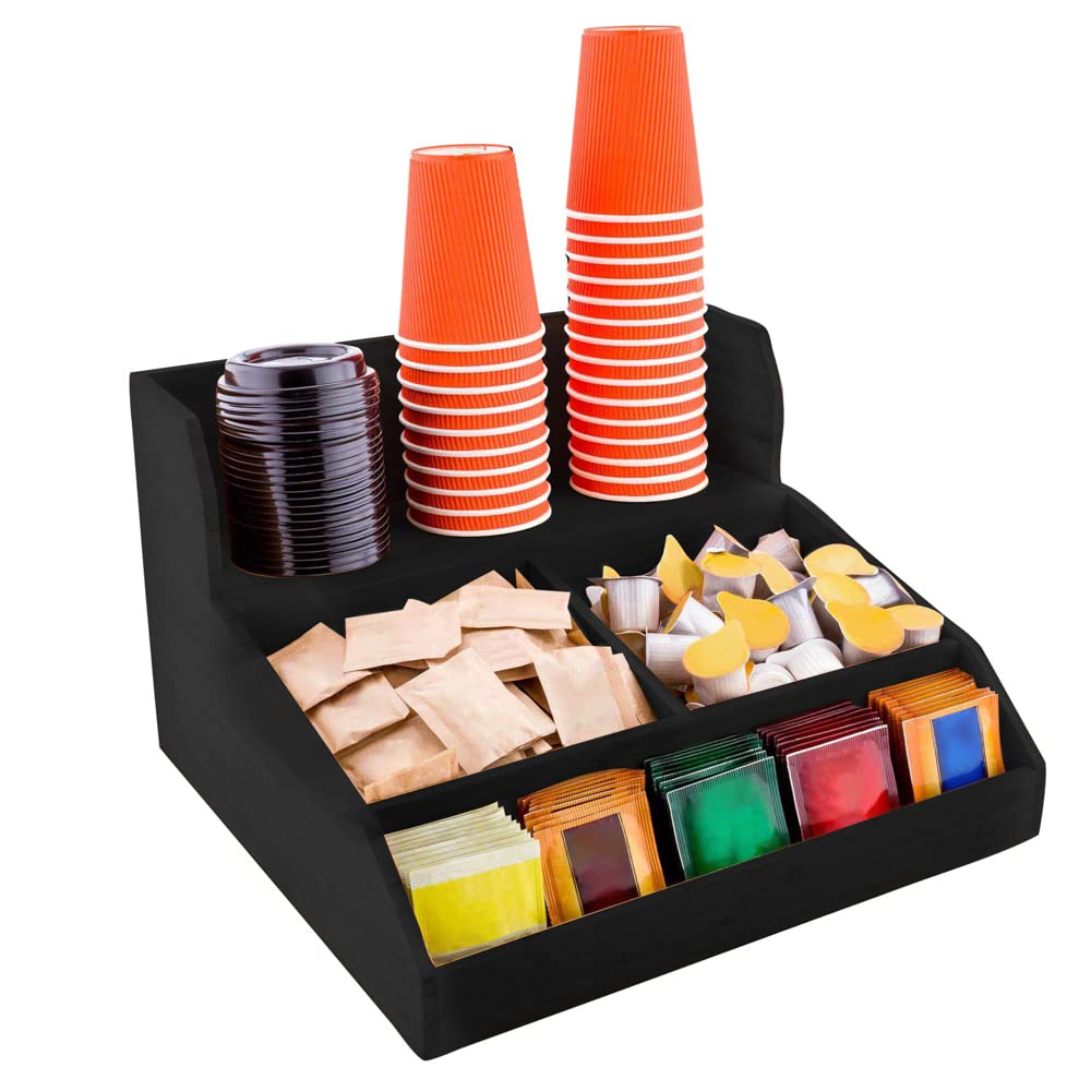 Restaurantware 15 x 14.25 x 9.25 Inch Black Bamboo Coffee Condiment Organizer - 3 Shelf Heavy-Duty Tea Station for Countertop | Perfect for Coffee Bars, Breakrooms, Offices & Home Kitchens
