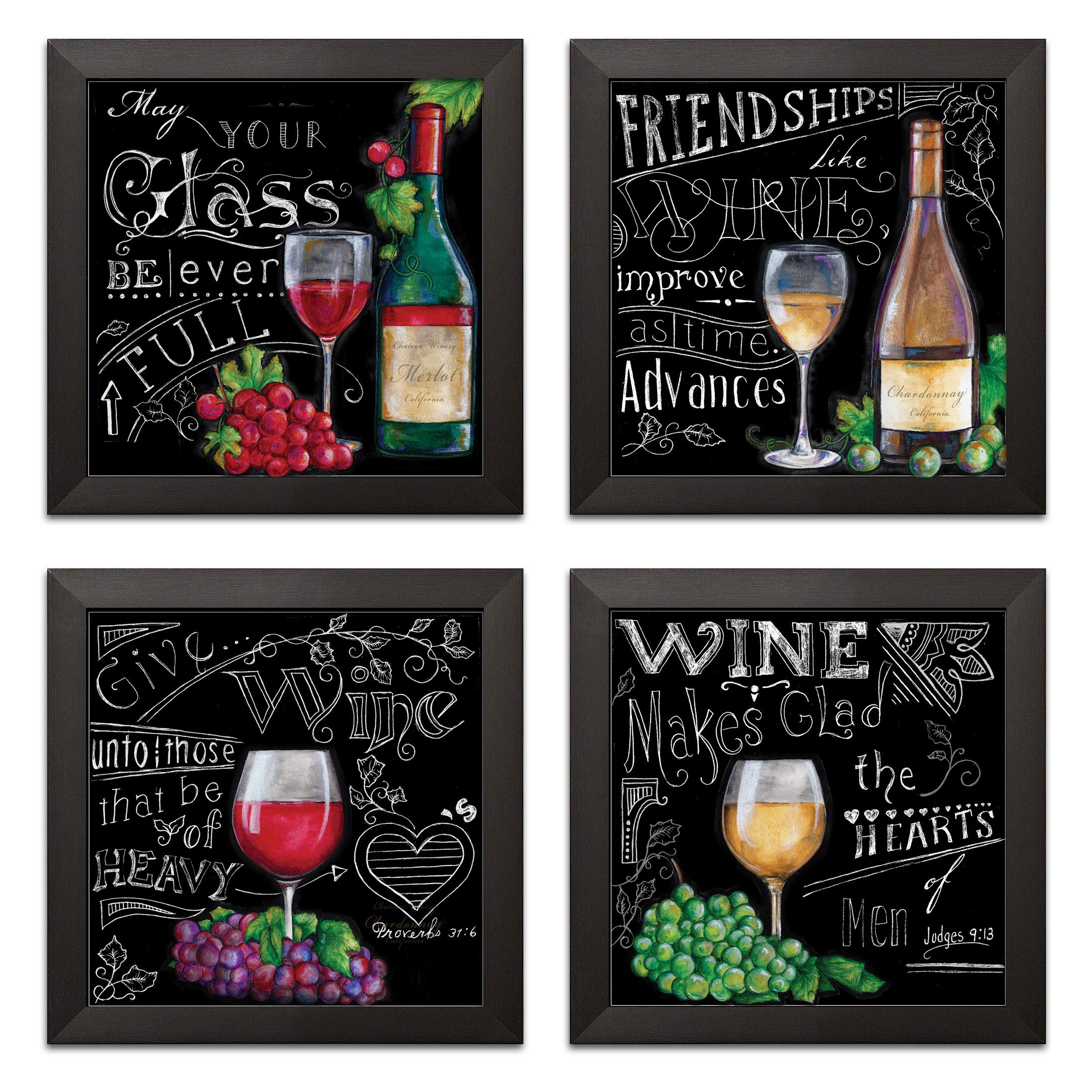 Chalkboard-Style Kitchen Wine Signs - Set of 4 Black Framed 12x12 Inch Prints - Ready to Hang Kitchen Décor - Perfect for Wine Cellars, Dining Rooms & Home Bars
