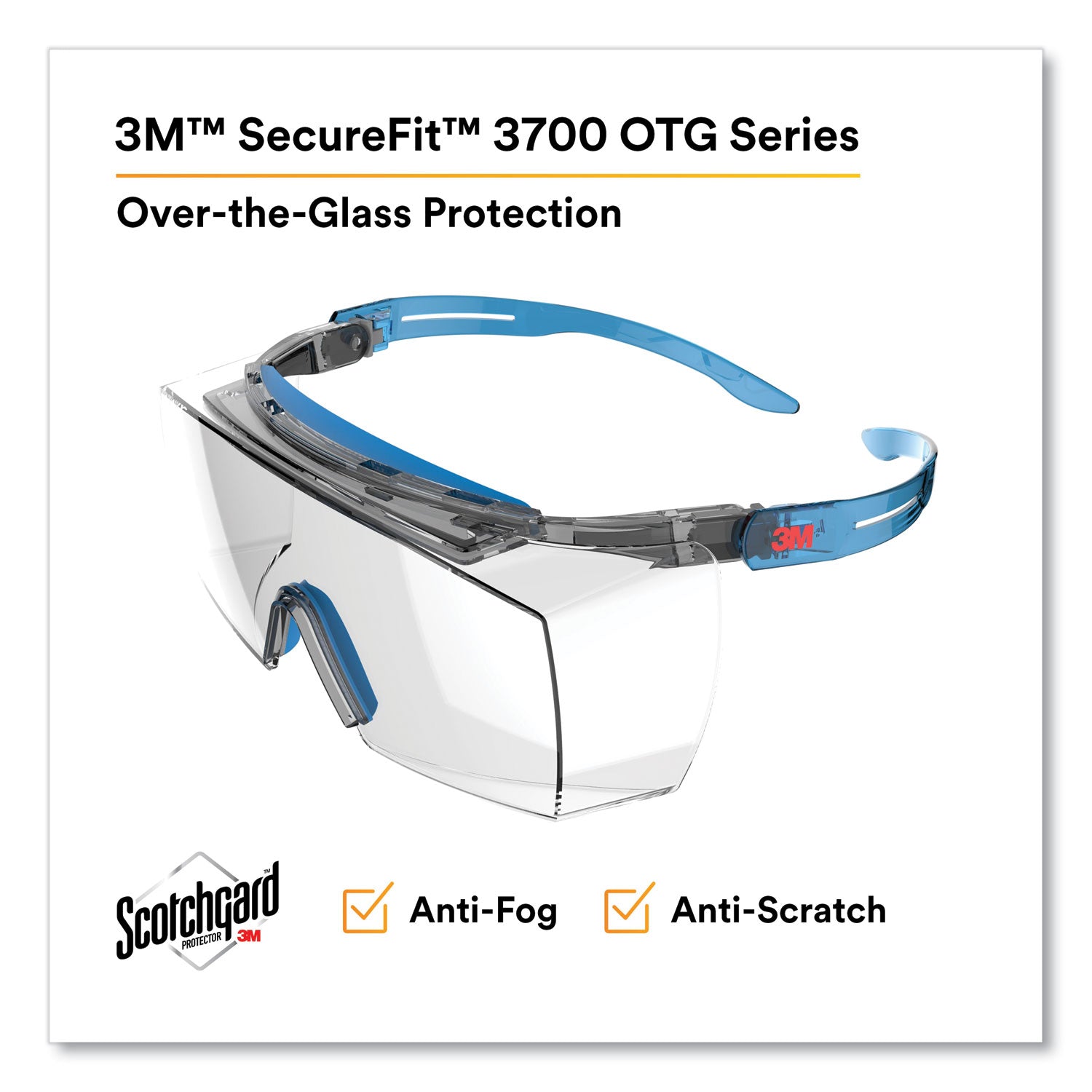 3M™ SecureFit Protective Safety Glasses 3700 OTG Series - Blue Plastic Frame with Clear Polycarbonate Lens for Construction, Lab & DIY Projects