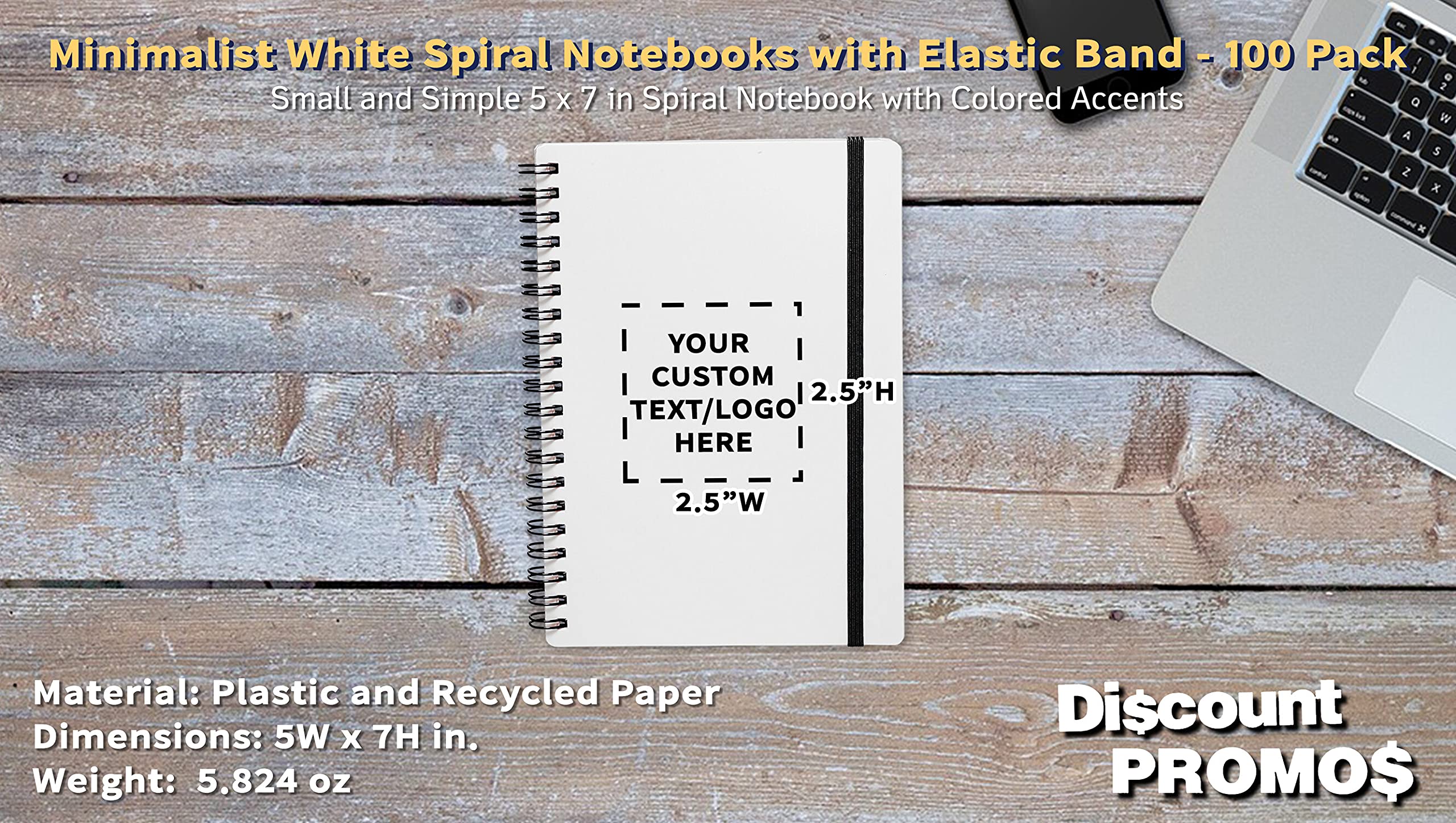100-Pack White Spiral Notebooks with Elastic Closure | Customizable Cover Text & Logo | 80 Lined Pages | Eco-Friendly Recycled Paper | Perfect for Office, School & Journaling