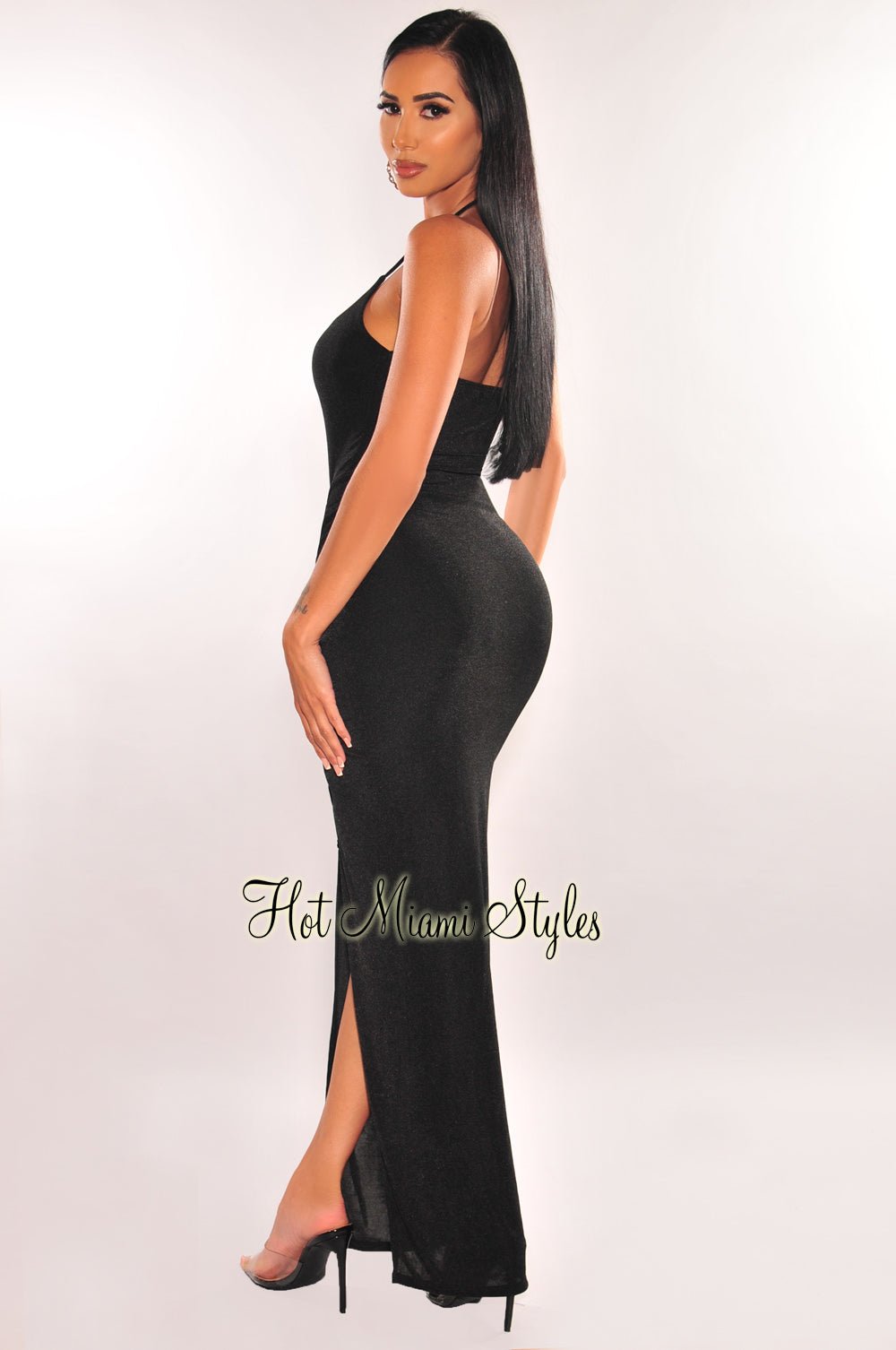 Elegant Black Ribbed Shimmer Halter Neck Maxi Dress with Drawstring Waist & High Slit - Perfect for Evening Parties, Date Nights & Special Occasions