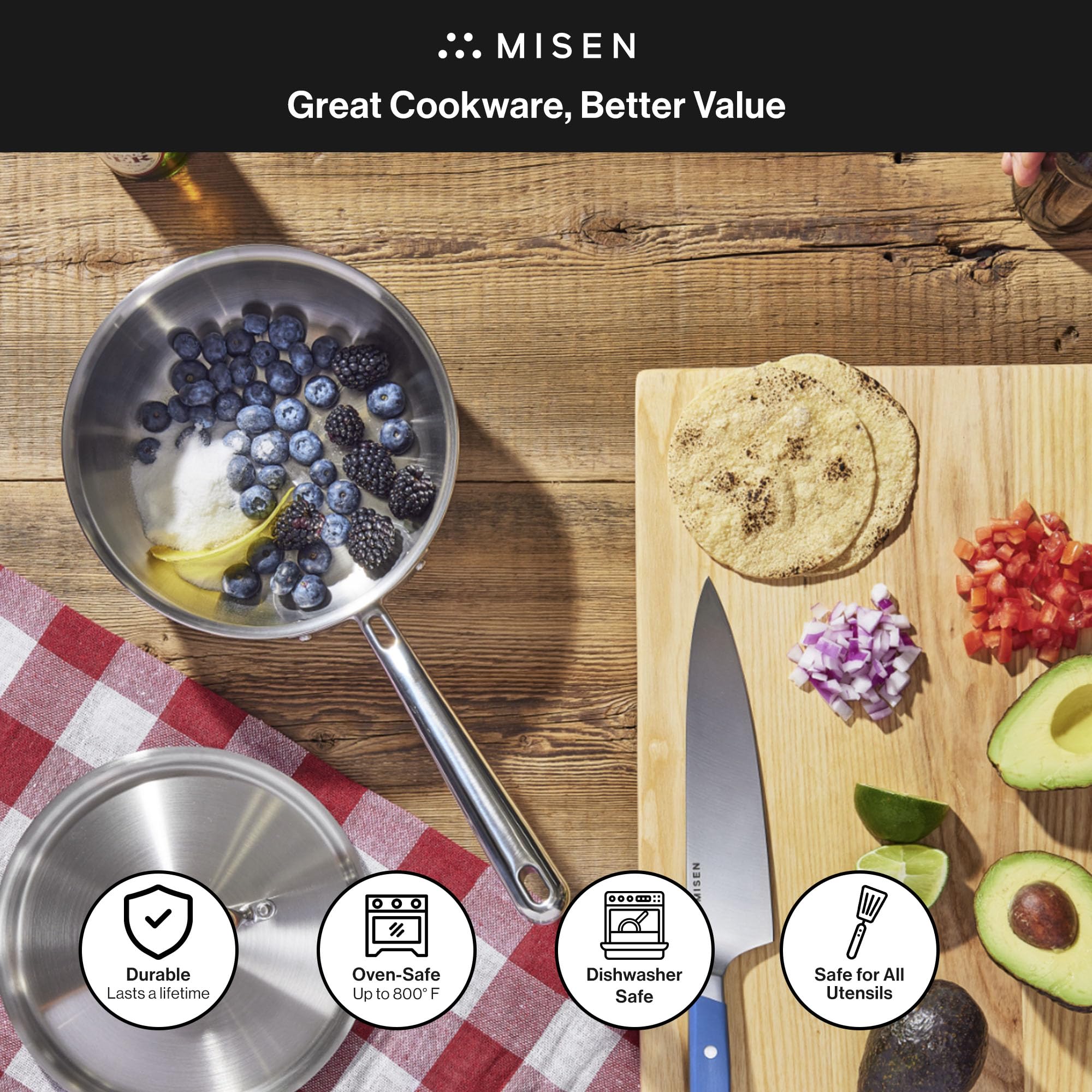 Misen 5-Ply Stainless Steel Saucier Pan with Lid - Induction Compatible 3 QT Sauce Pot with Curved Sides for Smooth Stirring - Oven Safe to 800°F - Even Heat Distribution & Ergonomic Handle - Perfect for Sauces, Soups, and Risotto Cooking