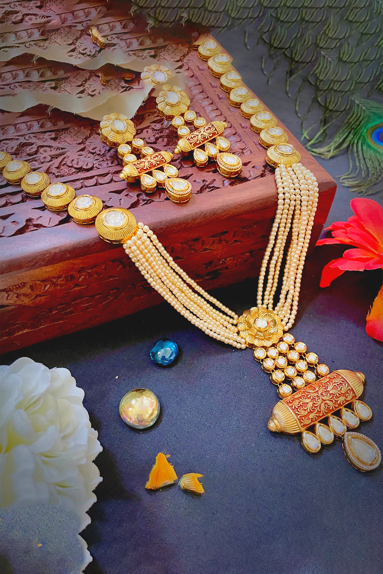 Beaded Gold Plated Brown and Red Kundan Jewelry Set (D964) – Perfect for Weddings, Parties, and Festive Occasions
