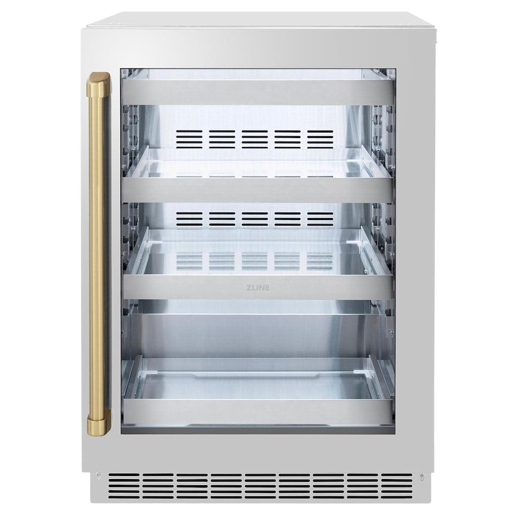 ZLINE Autograph Edition 24 Inch Touchstone 151 Can Beverage Refrigerator - Stainless Steel Glass Door with Champagne Bronze Handle - Compact Wine & Beer Cooler for Home Bar, Kitchen, or Office Use (RBSOZ GS 24 CB)
