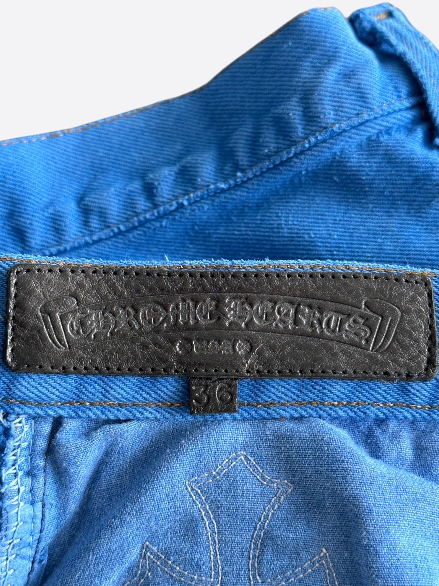 Chrome Hearts x Levi's London Exclusive Blue Dyed Cross Patch Denim Jeans for Men - Stylish Vintage Designer Pants for Casual Wear & Street Fashion