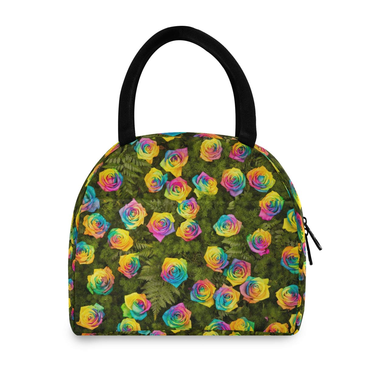 Reusable Insulated Lunch Bag for Women & Kids - Rainbow Roses & Fern Leaves Design, Perfect for School, Office, Picnic & Outdoor Activities | Eco-Friendly Cooler Tote Bag for Adults & Children