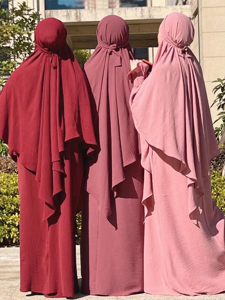 2-Piece Abaya Khimar Set - Long Triangle Hijab & Smocked Cuff Dress for Women | Islamic Modest Wear for Prayer, Mosque & Special Occasions