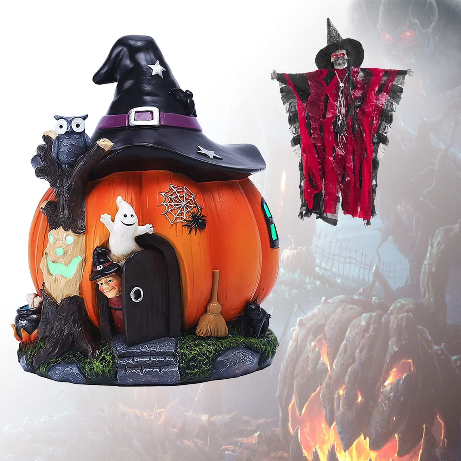 JGUSVYT Haunted House Pumpkin - Glowing Halloween Witch Hat Pumpkin House Statue, Waterproof Fairy Tale Decor for Party & Home | Perfect for Halloween Parties, Yard Displays & Spooky Home Decor