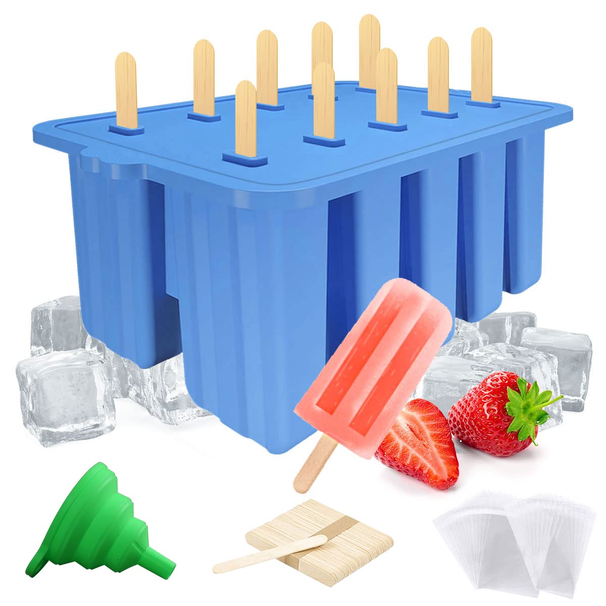 Premium Silicone Popsicle Molds Set - BPA Free, Food Grade Ice Pop Makers for Homemade Frozen Treats with 50 Sticks & Bags + Funnel (Blue) - Perfect for Summer Parties, Kids Snacks & Healthy Desserts