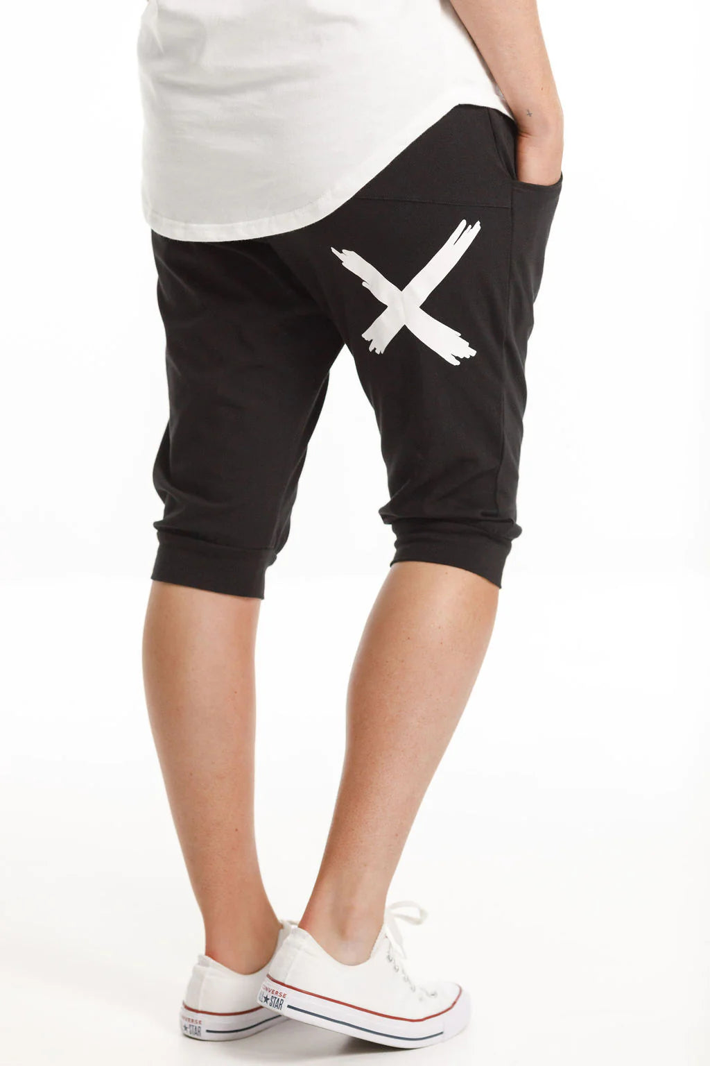 Stylish 3/4 Length Apartment Pants for Women - Black with White X Design | Comfortable Lounge Pants for Home, Yoga & Casual Outings