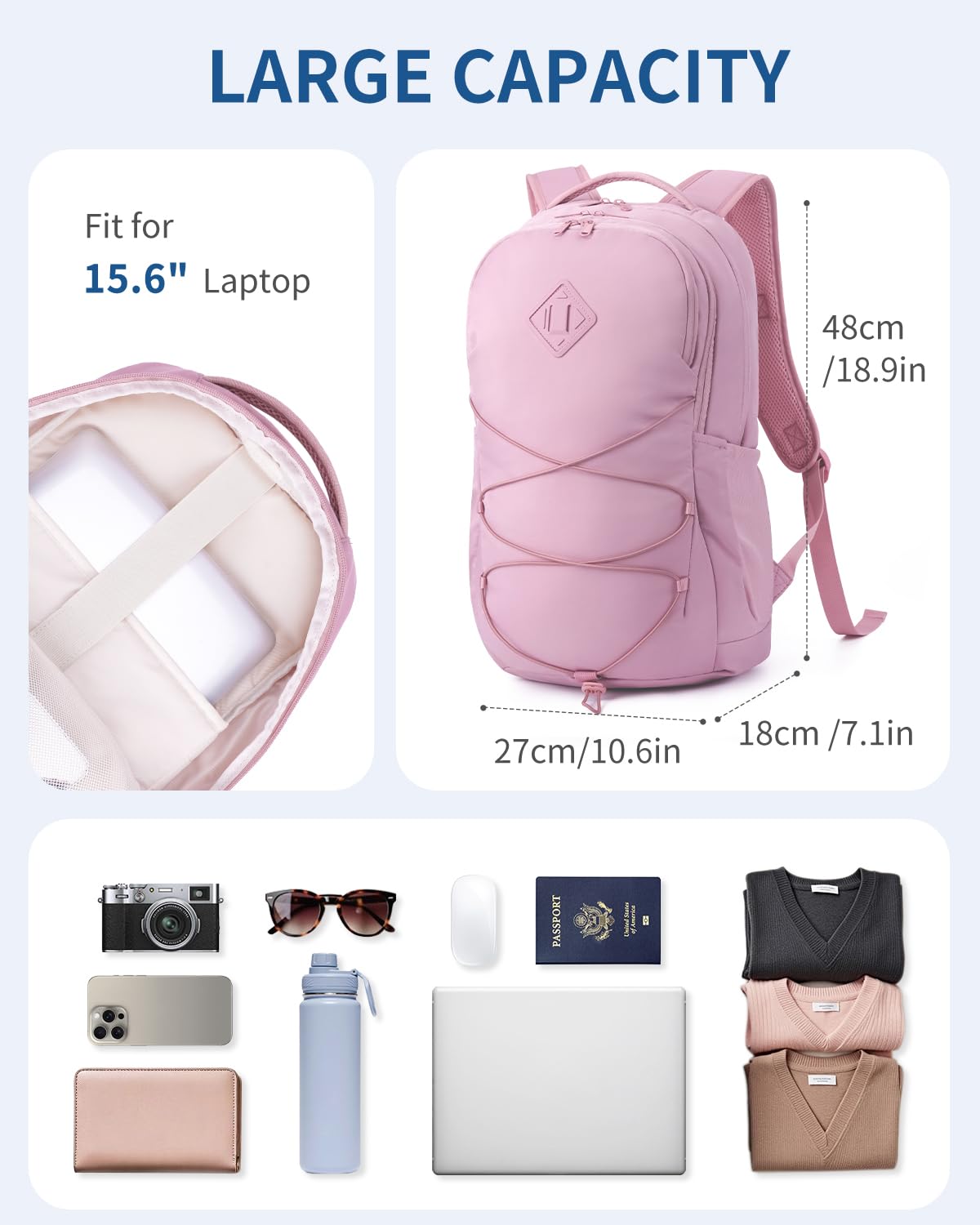 **WANDF 15.6-Inch Laptop Backpack for Women & Men - Airline Approved, Water Resistant, Lightweight Travel Backpack for Business, Commuting & Weekender Trips with Whistle Buckle & Elastic Strap (Pink) - Perfect for Work, School & Travel**
