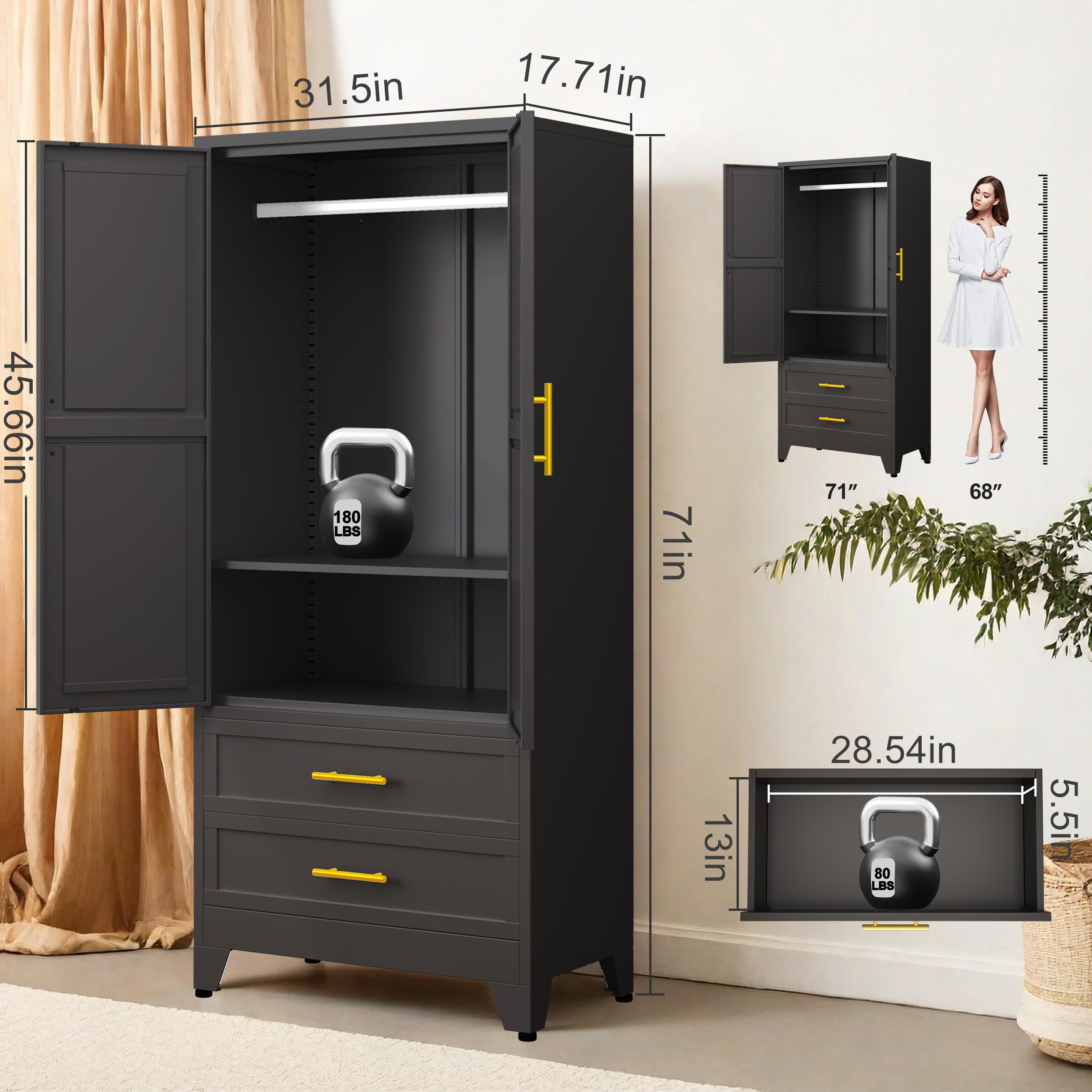 Black Steel Armoire Wardrobe Closet - 71