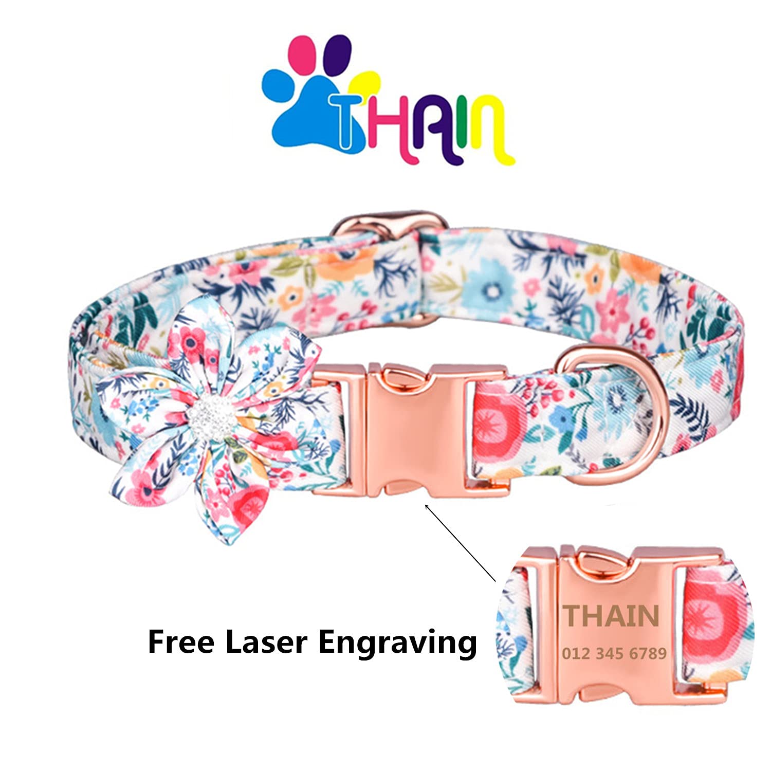 Custom Personalized Floral Dog Collar for Female Dogs - Engraved Name, Rose Gold Buckle, S (10.2-16.5