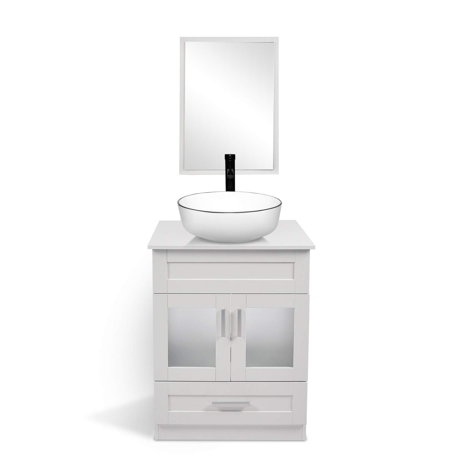 White PVC Bathroom Vanity Set with Sink, Mirror & Water-Saving 1.5 GPM Chrome Faucet - Modern Countertop Floor Cabinet for Small Bathrooms, Powder Rooms & Guest Baths (Vanity+1010#Vanity)