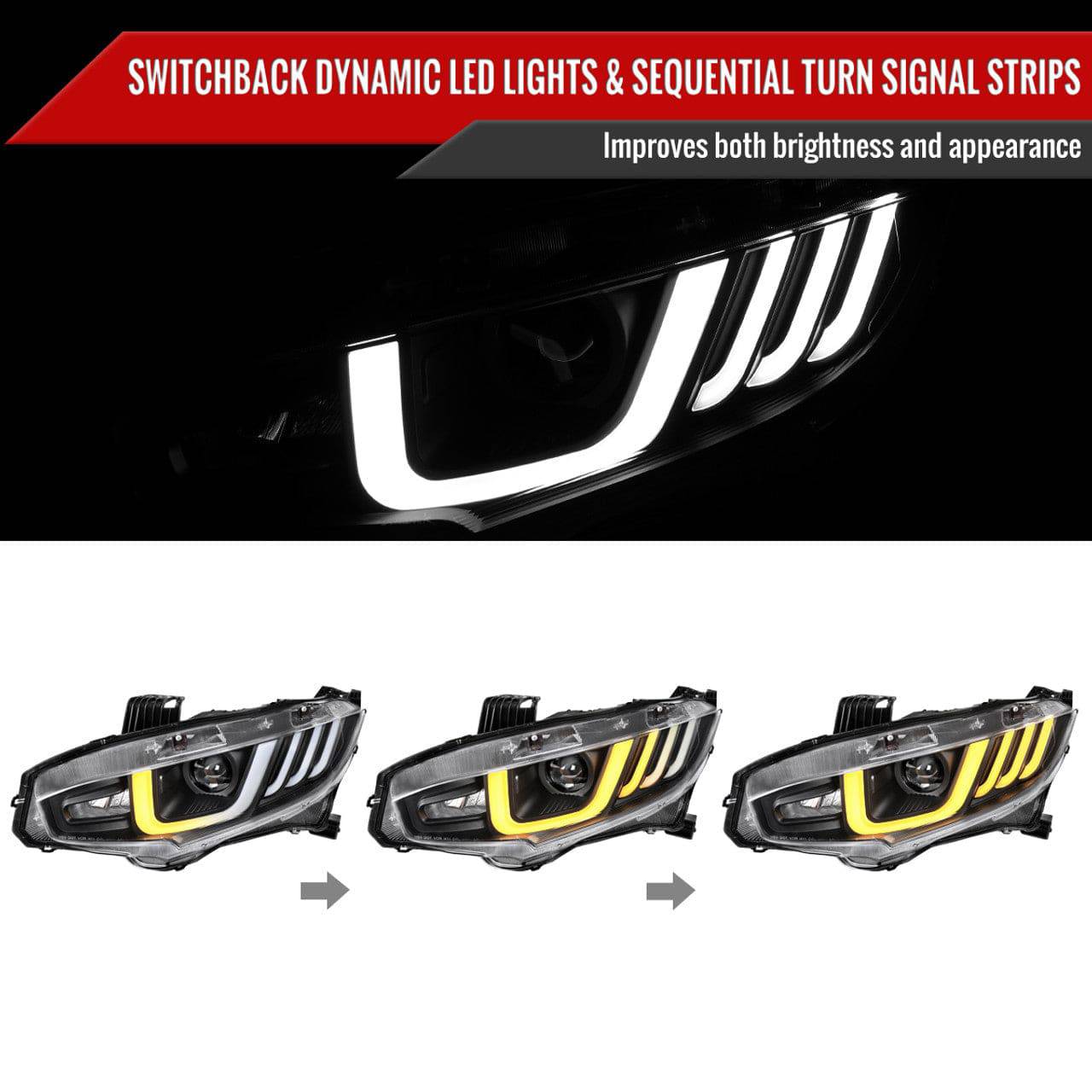 2016-2021 Honda Civic LED Projector Headlights with Switchback Sequential Turn Signal - Matte Black Housing & Clear Lens - Upgrade Your Night Driving Safety