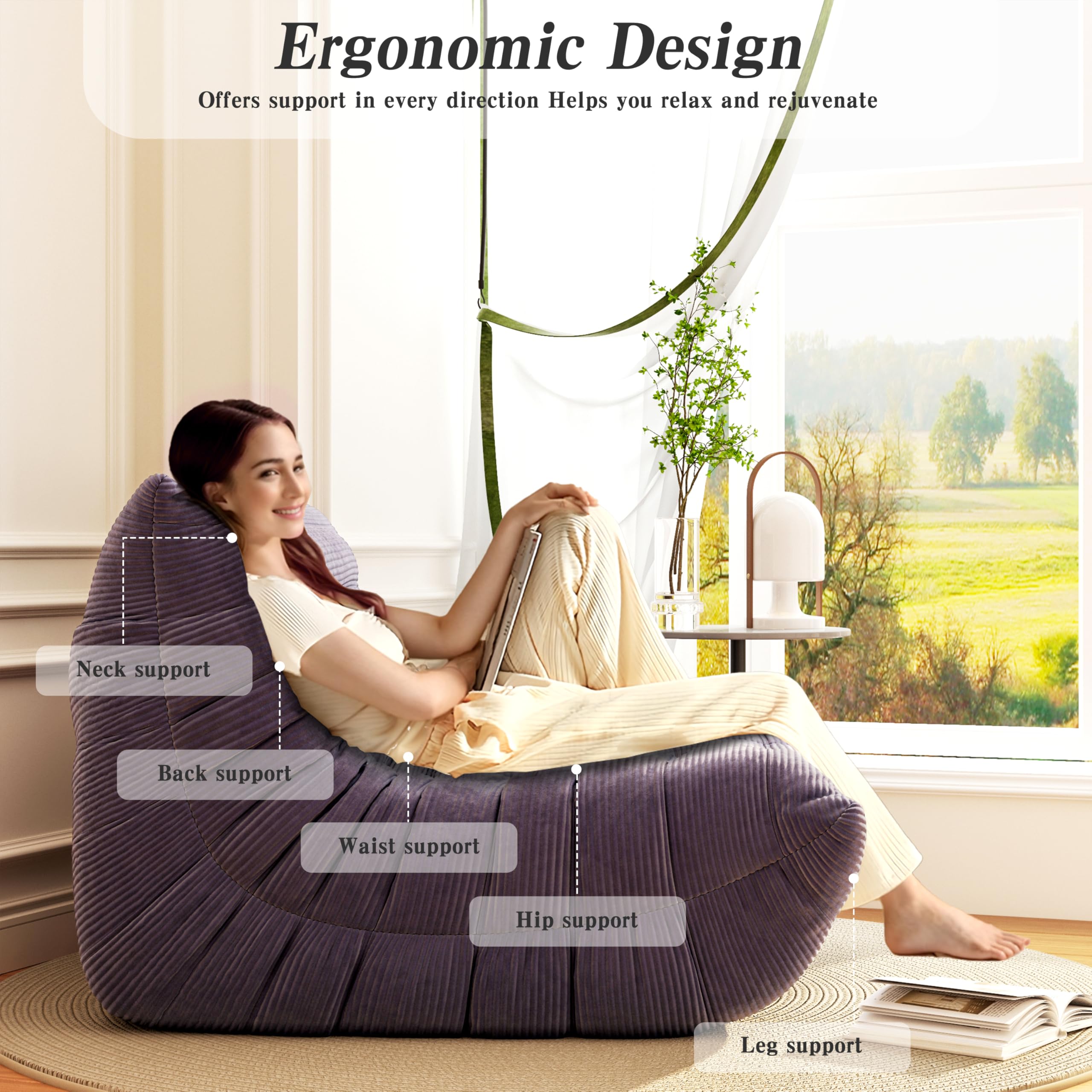 Ergonomic Memory Foam Bean Bag Chair - Grey Lazy Floor Sofa for Adults & Kids, Fireside Lounge Chair for Living Room, Bedroom, Office - Perfect for Relaxing, Gaming & Movie Nights