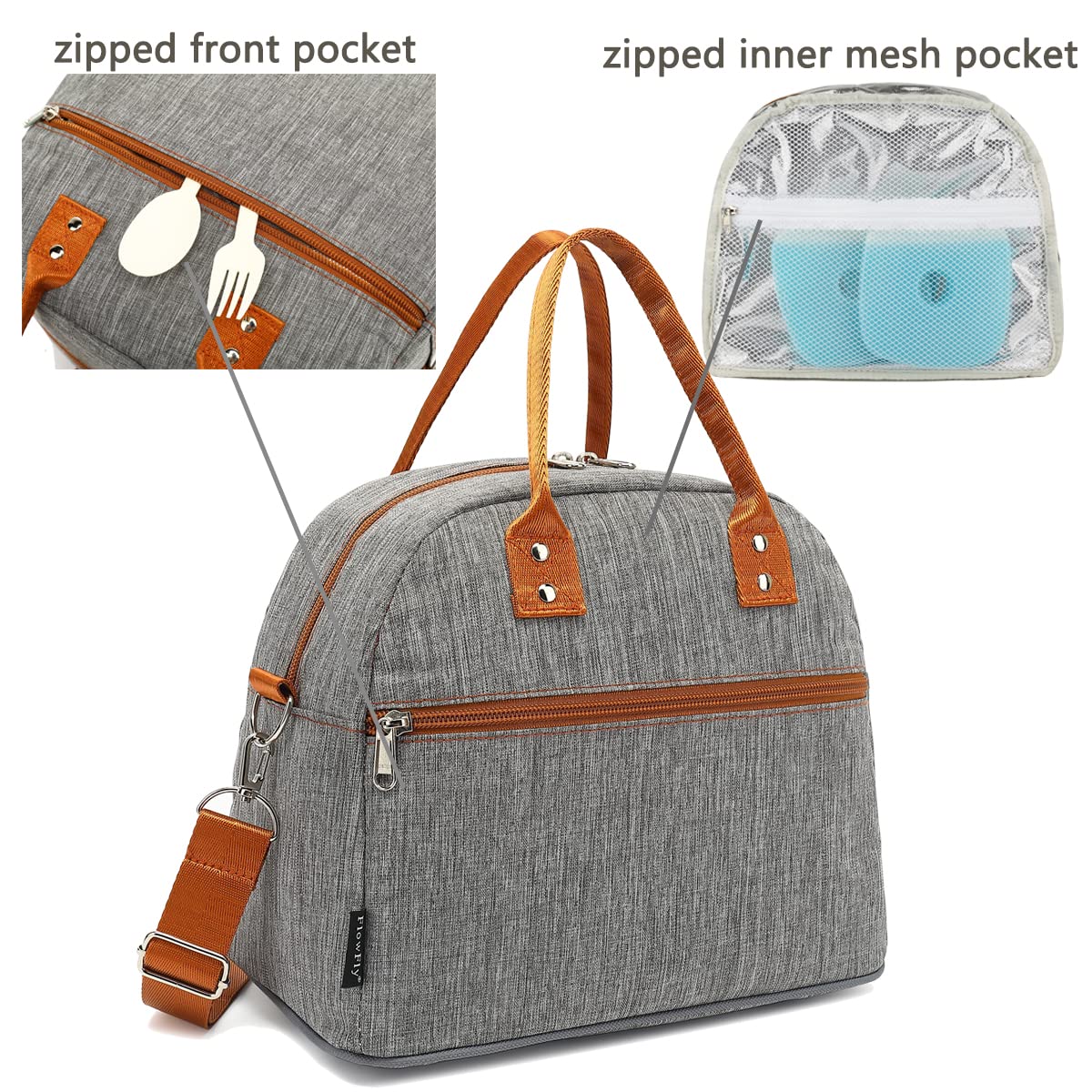 FlowFly Insulated Lunch Bag with Shoulder Strap - Large Reusable Freezable Cooler Tote for Women, Men & Kids - Perfect for Work, School, Travel & Meal Prep - Grey Lunch Box Organizer