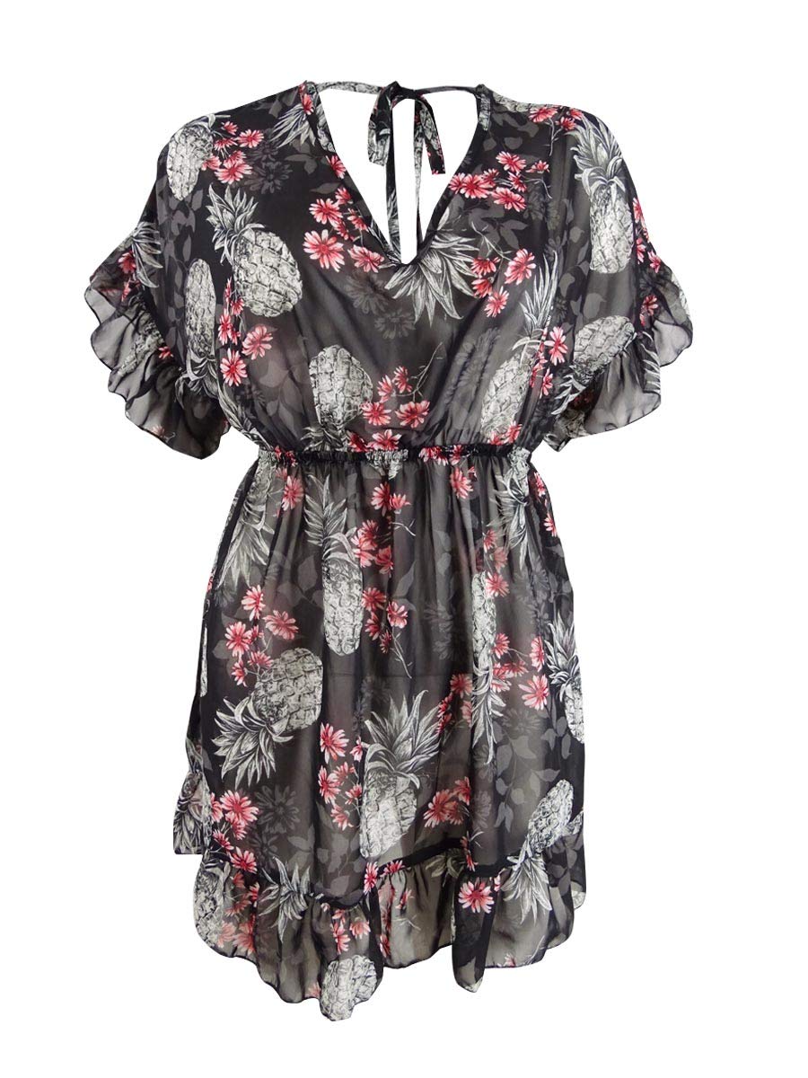 Miken Women's Ruffled Floral-Print Dress Swim Cover-Up - XS Black/Poppy Red Beach Dress for Pool, Vacation & Summer Outfits