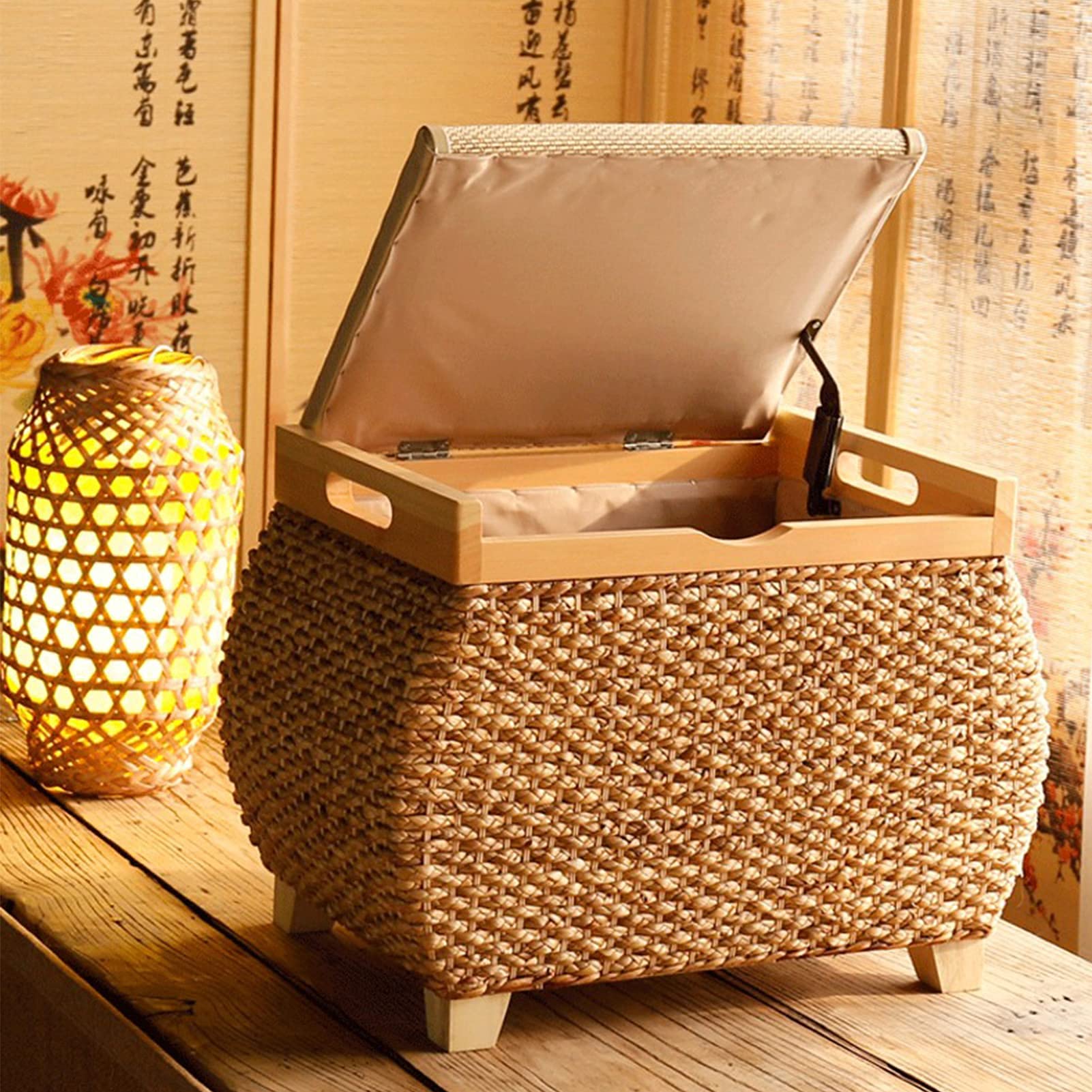 Country Style Storage Ottoman with Hinged Lid - Wooden Legs Footstool, Footrest & Toy Box (52x36x40cm) - Perfect for Hallway, Living Room & Window Seat Home Decor