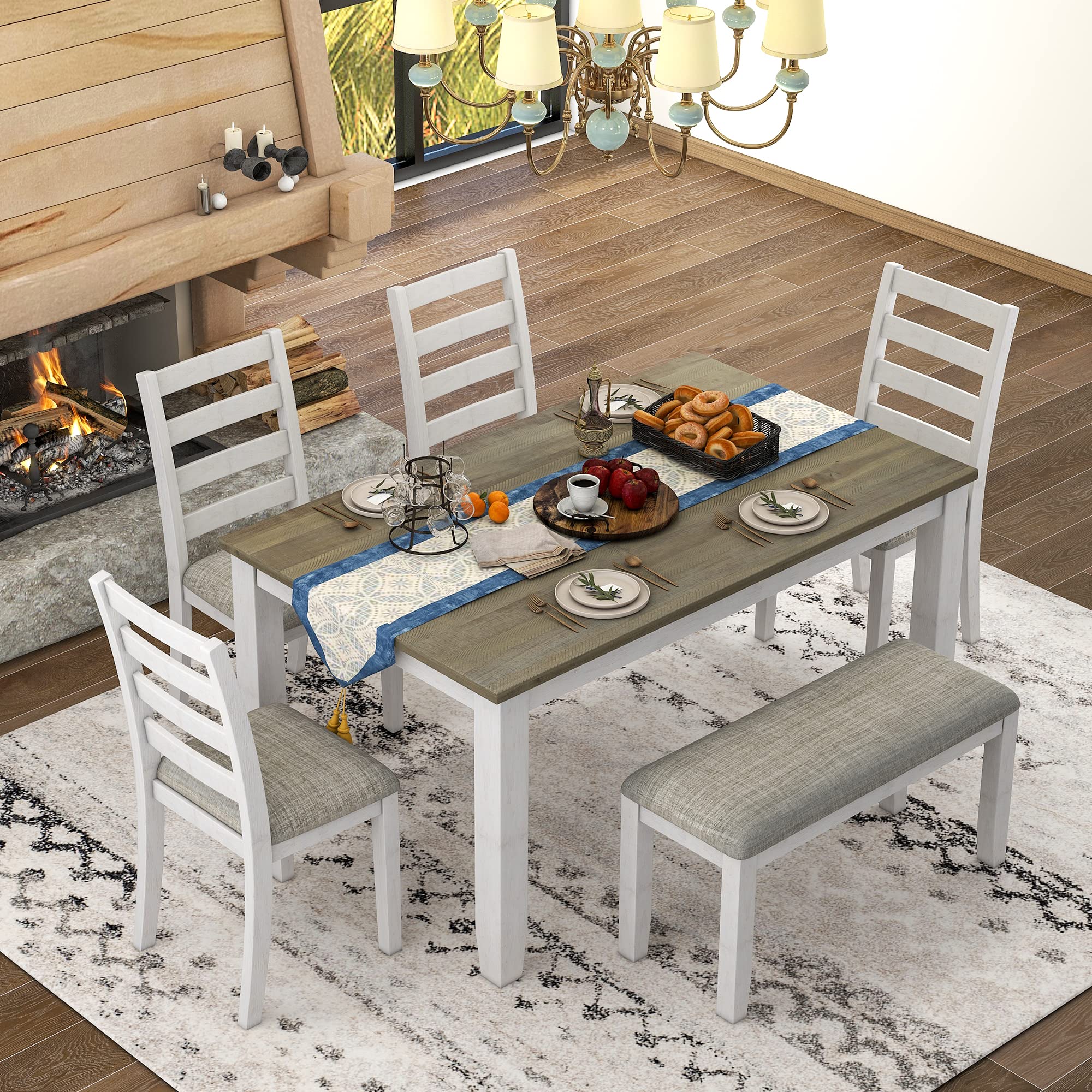 Merax 6-Piece Dining Table Set with Table, Chairs & Bench - Brown & Whitewash Finish Kitchen Dining Room Furniture for Family Meals & Entertaining