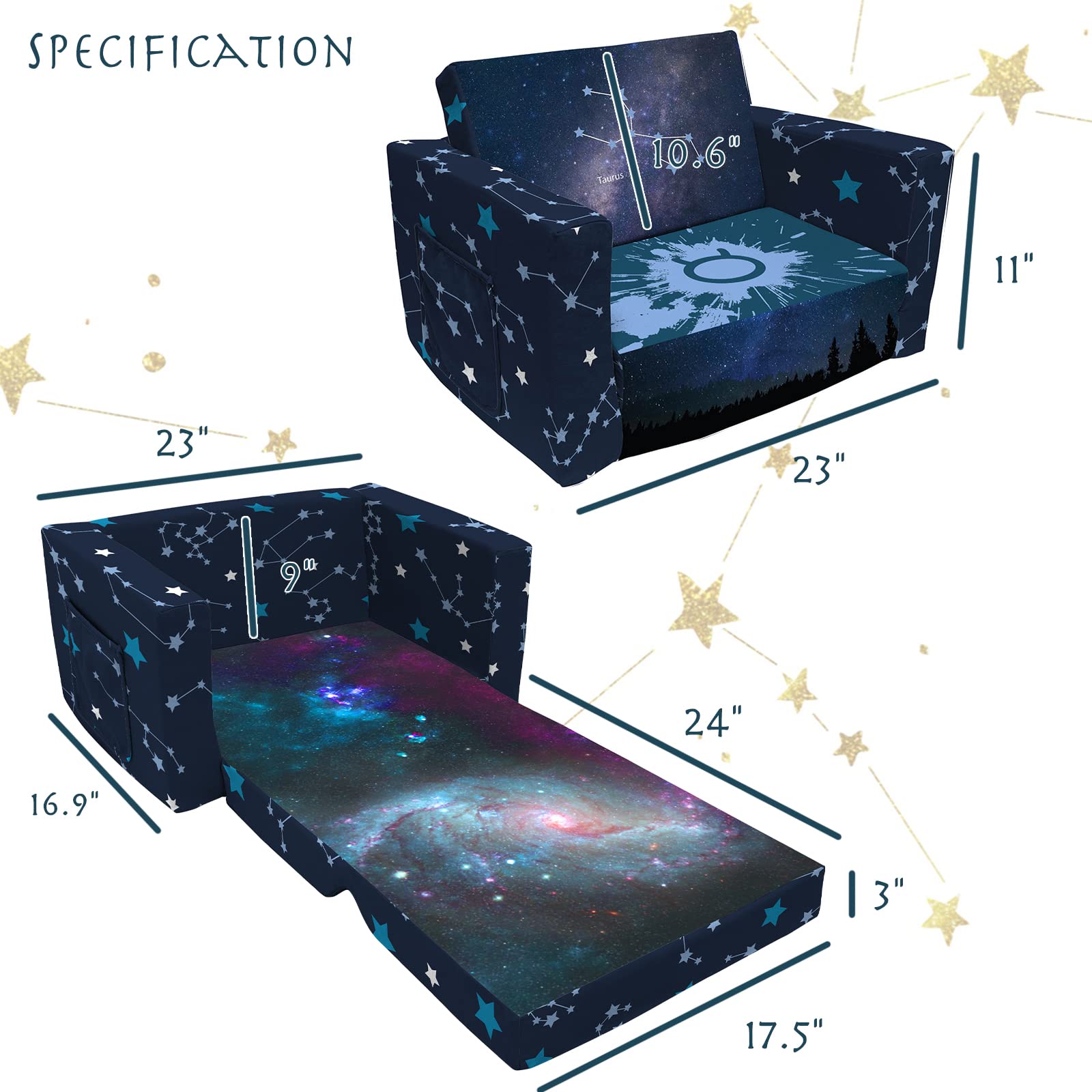 Zodiac Sign Kids Sofa - 2-in-1 Convertible Toddler Couch & Lounger with Starry Sky Design, Flip Out Chair & Sleeper for Boys Girls - Perfect for Nursery, Playroom & Birthday Gifts (Aries, Taurus, Gemini etc.)