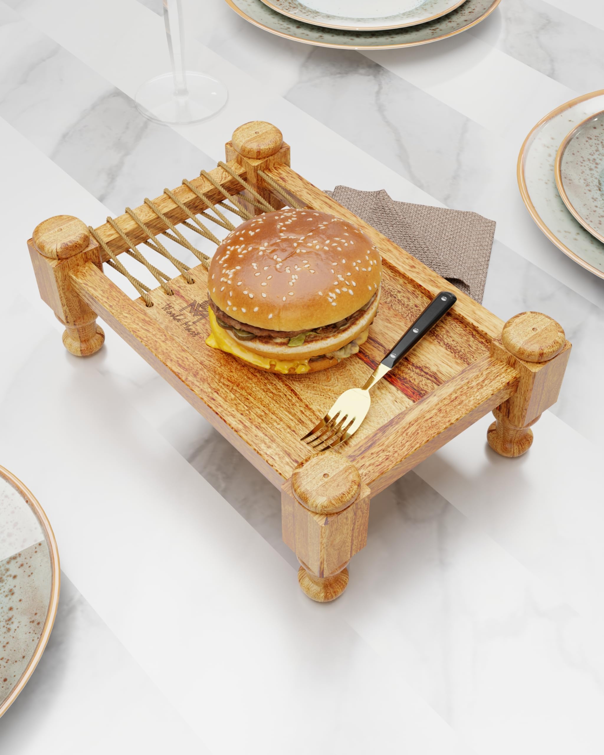 World Mart Handcrafted Charpai Design Wooden Serving Tray - 11x7 Inches Natural Finish Tea & Snack Tray - Perfect for Breakfast in Bed, Coffee Table Decor, and Outdoor Picnics