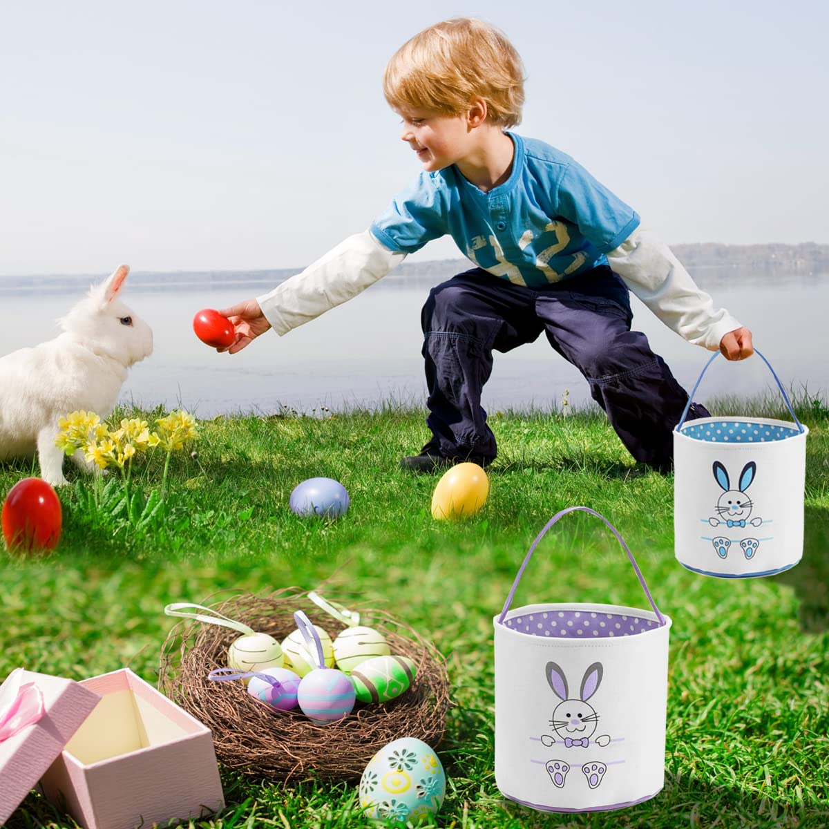 Easter Bunny Basket Bags for Kids - Personalized Cotton Canvas Easter Egg Hunt Bags with Cute Rabbit Print - Perfect for Easter Egg Hunts, Candy Collection & Gift Giving (Purple)