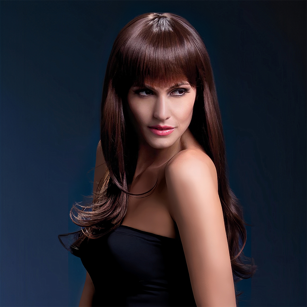 Abell'a Brunette Bombshell 60cm Wavy Synthetic Wig With Bangs - Long Brown Curly Hairpiece for Women | Perfect for Cosplay, Halloween, and Daily Fashion