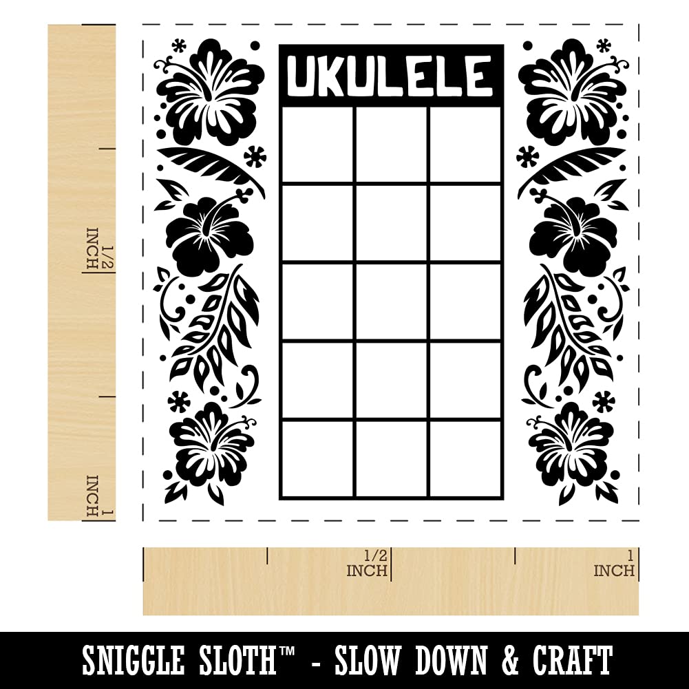 Hawaiian Hibiscus Flower Ukulele Chord Chart Self-Inking Rubber Stamp - 1 Inch Small Blue Ink Stamp for Music Sheets, Songbooks & DIY Craft Projects