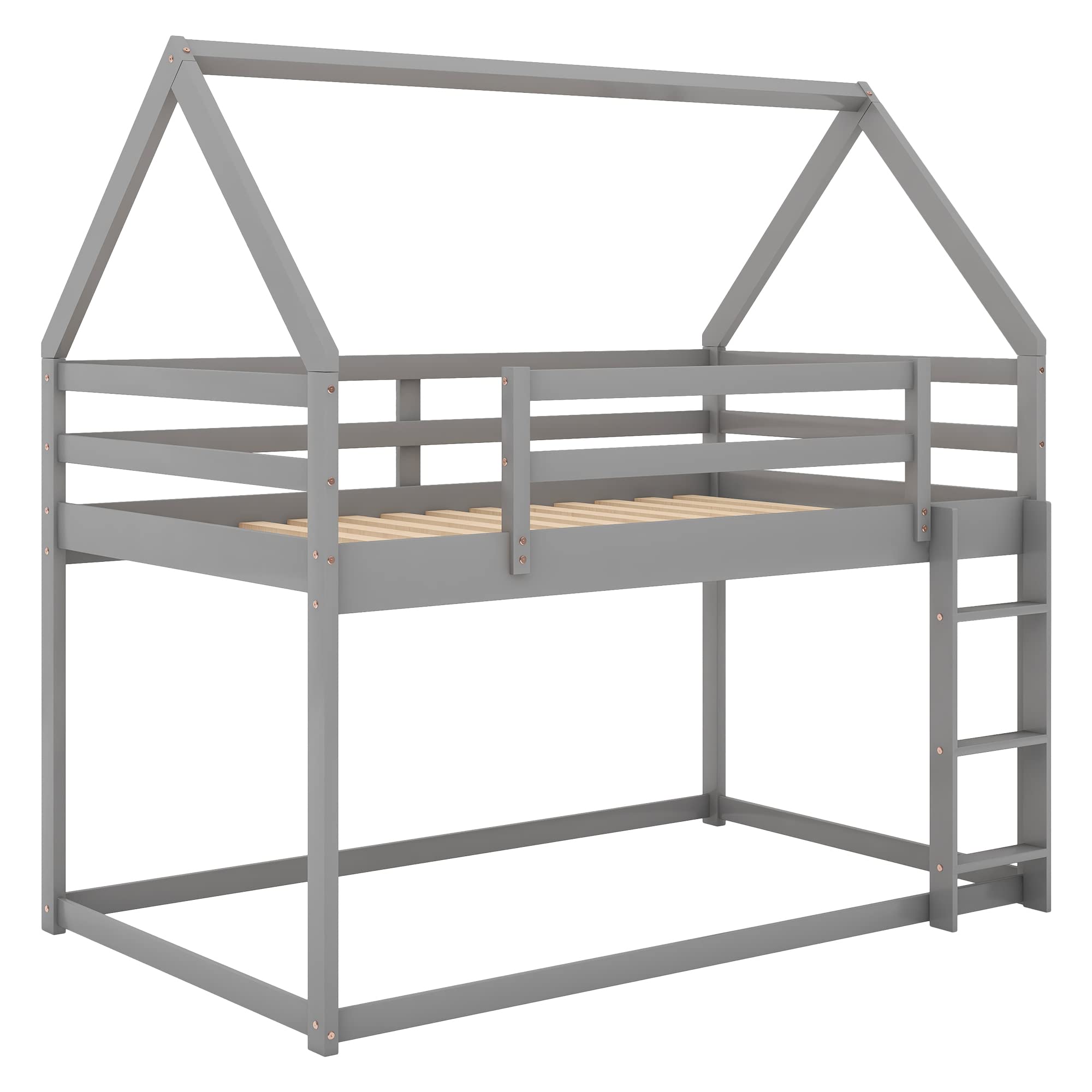 Wooden House Bunk Bed Twin Over Twin with Ladder - Kids Bunk Bed Frame for Boys & Girls, Toddler to Teens - Grey | Space-Saving Loft Bed for Small Bedrooms & Shared Kids Rooms