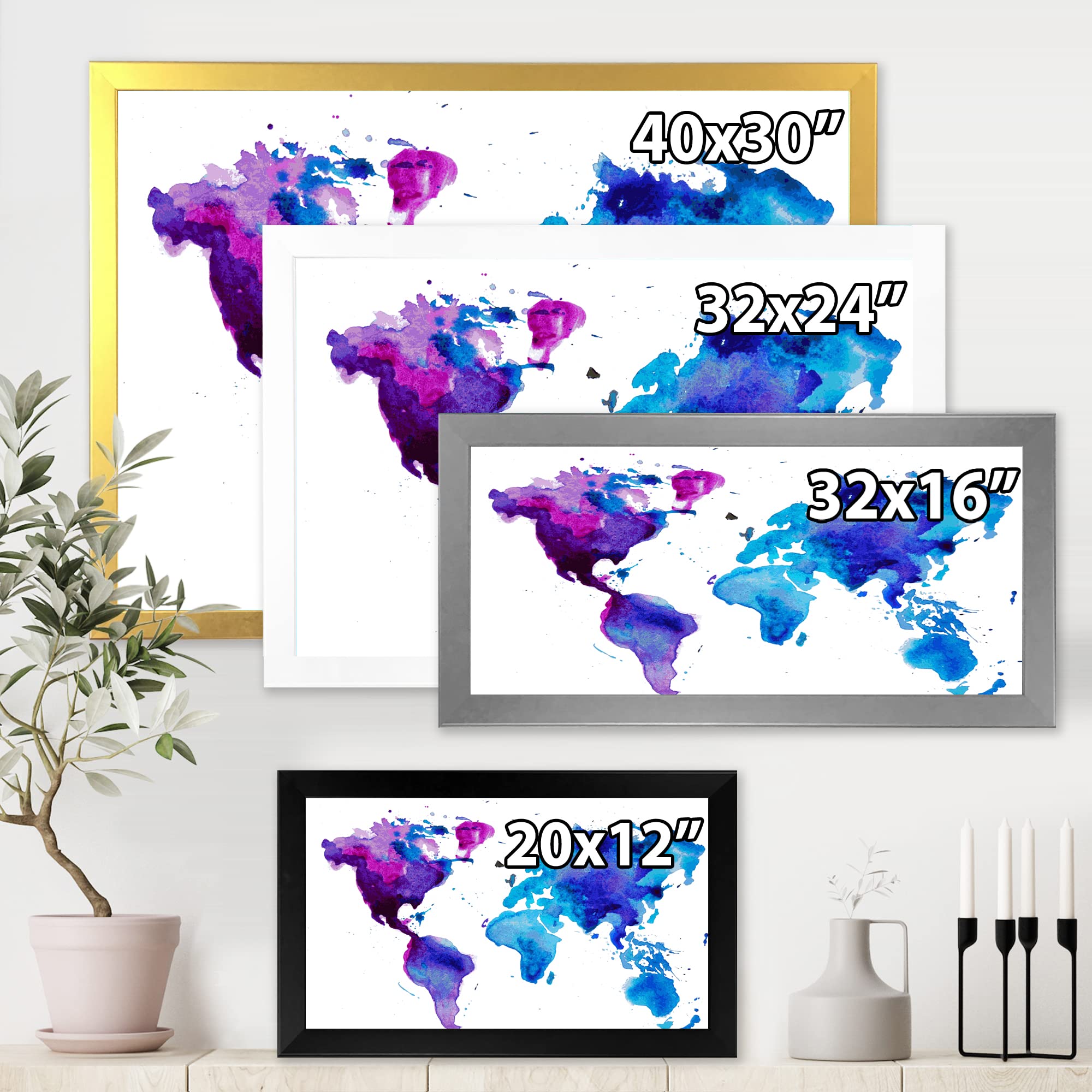 Modern Framed Wall Art - Purple and Blue World Map Decor for Living Room, Office & Bedroom | Stylish Home & Office Decoration