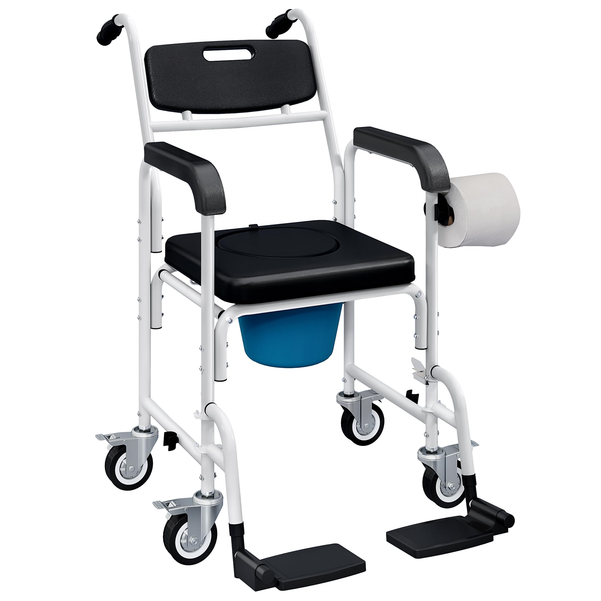 HOMCOM 4-in-1 Shower Chair with Wheels - Adjustable Height Commode Wheelchair with Seat, Backrest & Arms - Mobility Aid for Elderly, Disabled & Post-Surgery Recovery - Ideal for Bathroom Safety & Bedside Use - Black
