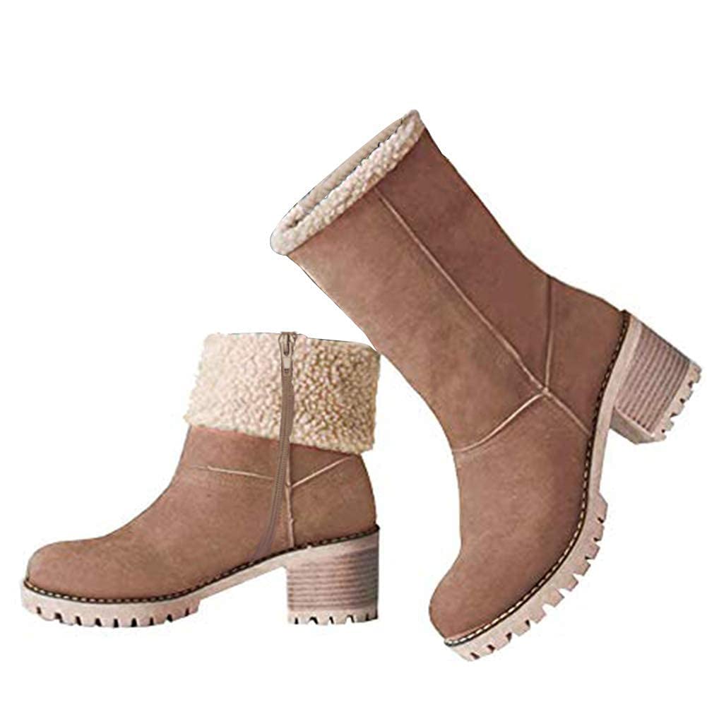 Vimisaoi Women's Winter Boots - Slip On Zip Mid Heel Suede Snow Boots with Warm Fur Lining, Comfortable Chunky Heel for Outdoor Activities | Perfect for Snowy Days, Casual Wear & Winter Fashion