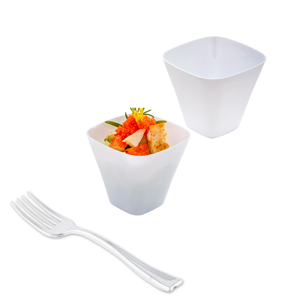 100 Pack 4 oz Square White Plastic Bellissima Tasting Cups with 100 Silver Mini Plastic Forks - Perfect for Wine Tasting, Dessert Sampling, and Party Appetizers
