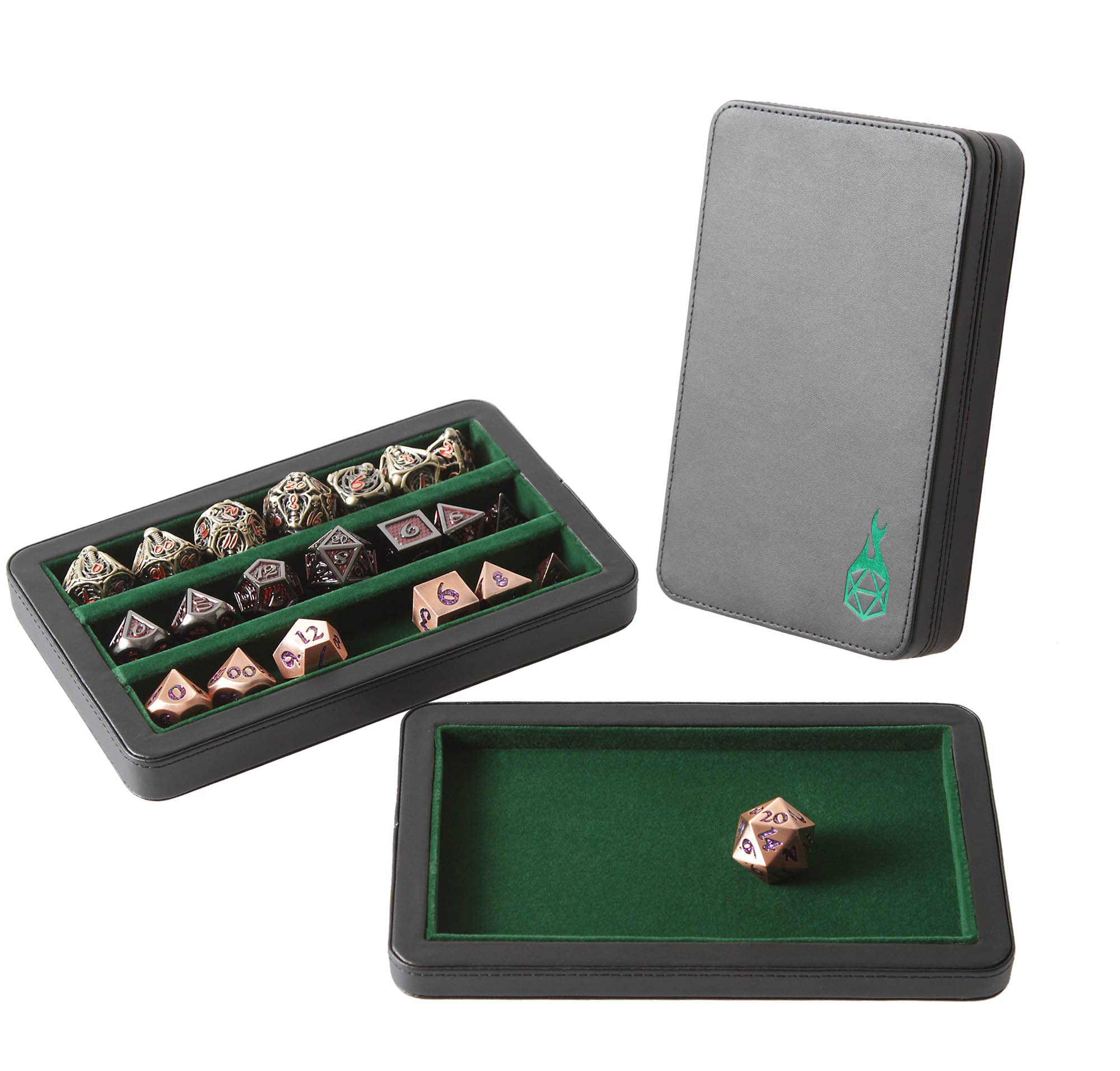 Premium 3-Row Metal Dice Storage Case with Magnetic Lid - Felt-Lined Protector for Polyhedral Dice Sets - Durable Combination Box & Tray - Ideal for D&D, MTG, RPG Gaming Accessories & Tabletop Collectors (Green)