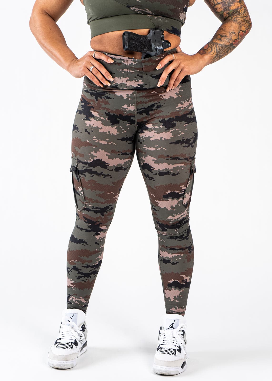 Tactical Concealed Carry Leggings for Women with Hidden Pockets - Green Camo Print | Perfect for Outdoor Activities, Hiking, and Self-Defense