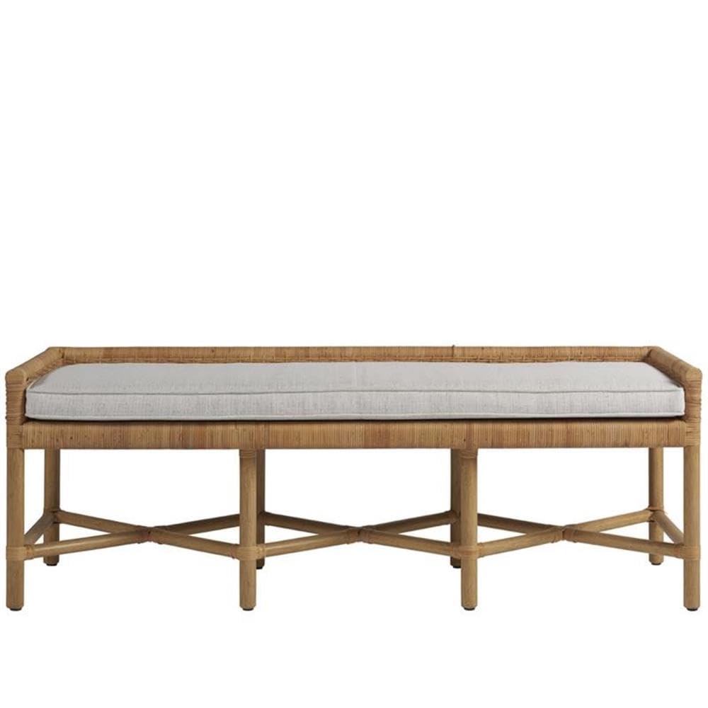 Coastal Style Pull-Up Dining Table Bench with Woven Rattan & Wicker Design - Gray Cushioned Entryway Seating for Beach Houses, Patios, and Farmhouse Decor