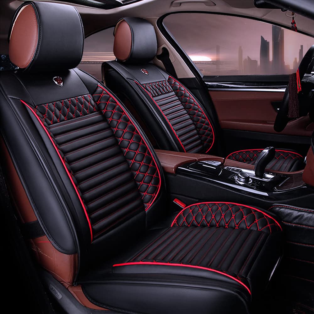 Custom PU Leather Car Seat Covers for Dodge Avenger, Caravan, Charger, Challenger, Dart, Durango, Journey, Viper - 5-Seat Full Set with Needlework Design, Black & Red - Perfect for Road Trips, Daily Commutes & Car Protection