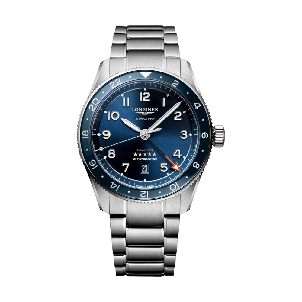 Spirit Zulu Time 42mm Blue Dial Stainless Steel Bracelet Watch - Perfect for Aviation Enthusiasts & Business Professionals