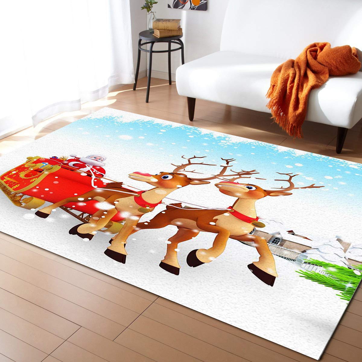 Modern Christmas Area Rug with Reindeer & Santa Design - Non-Slip Washable Soft Floor Carpet for Living Room, Bedroom, Dining Room - 5'x8' Holiday Decor Home Accent