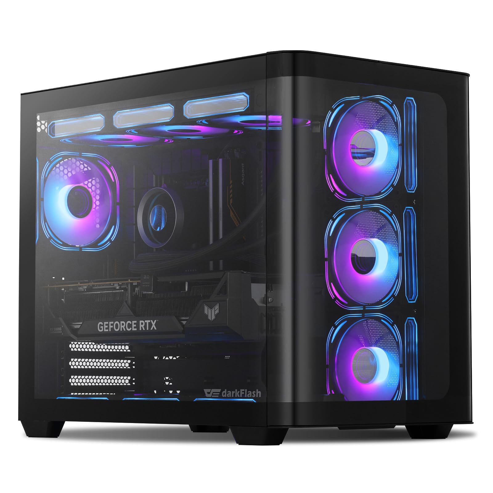 DarkFlash DPW90 ATX Mid-Tower Gaming PC Case - BTF Motherboard Ready, 4 ARGB Fans, Full View Curved Glass, Dual-Chamber Design, USB Type-C Port, Supports Dual 360mm AIO (Black) - Perfect for High-Performance Gaming Rigs and Custom Water Cooling Builds