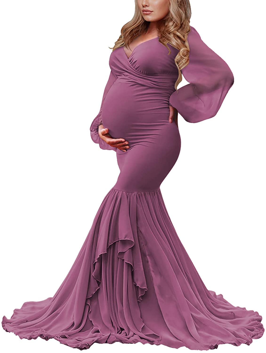 Saslax Elegant Long Chiffon Sleeve Mermaid Maternity Dress for Photoshoot, Baby Shower, Pregnancy Photos, and Special Occasions